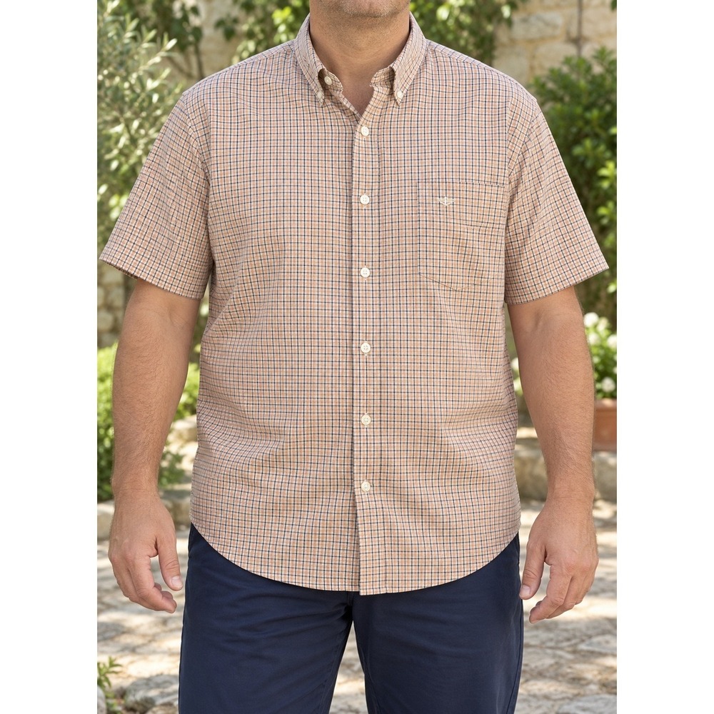 Dockers Mens XL Short Sleeve Button Down Shirt Plaid Orange Navy